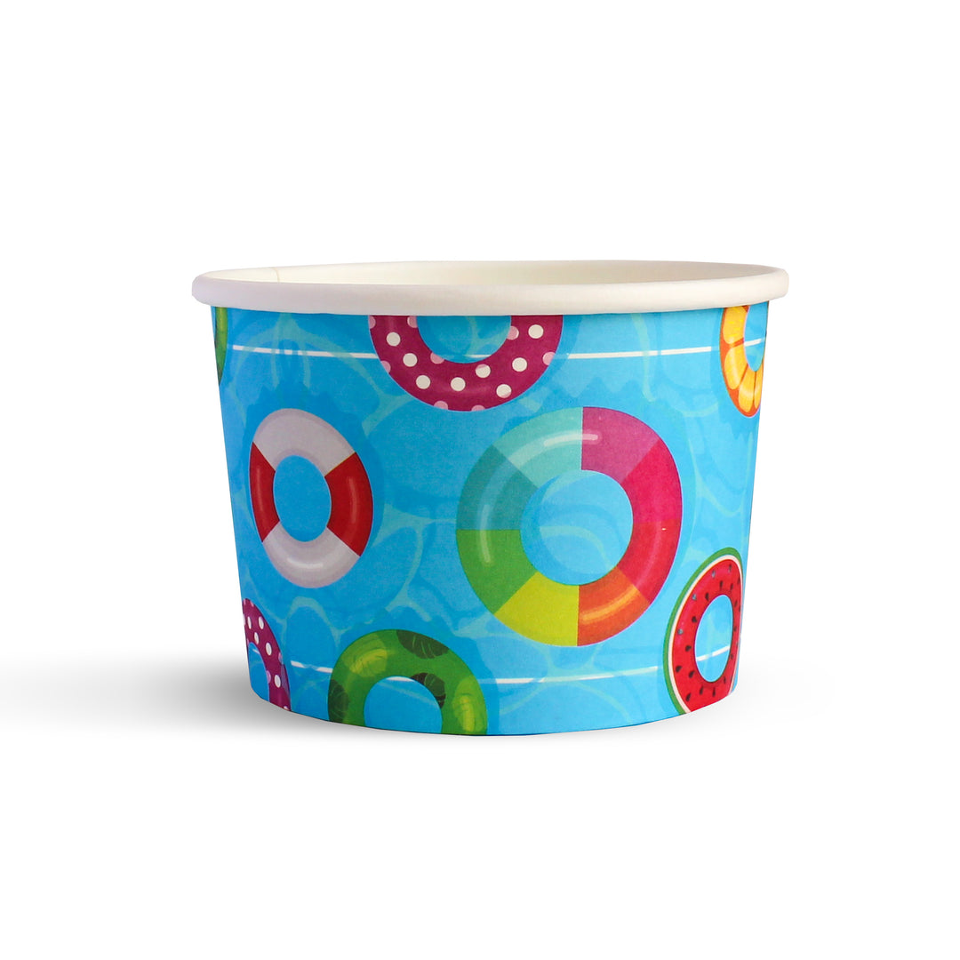 Tropical Ice Cream Cups - A collection of vibrant cups with beach, watermelon, pool float, flamingo, flower, and pineapple designs. Perfect for enjoying refreshing summer ice cream treats.