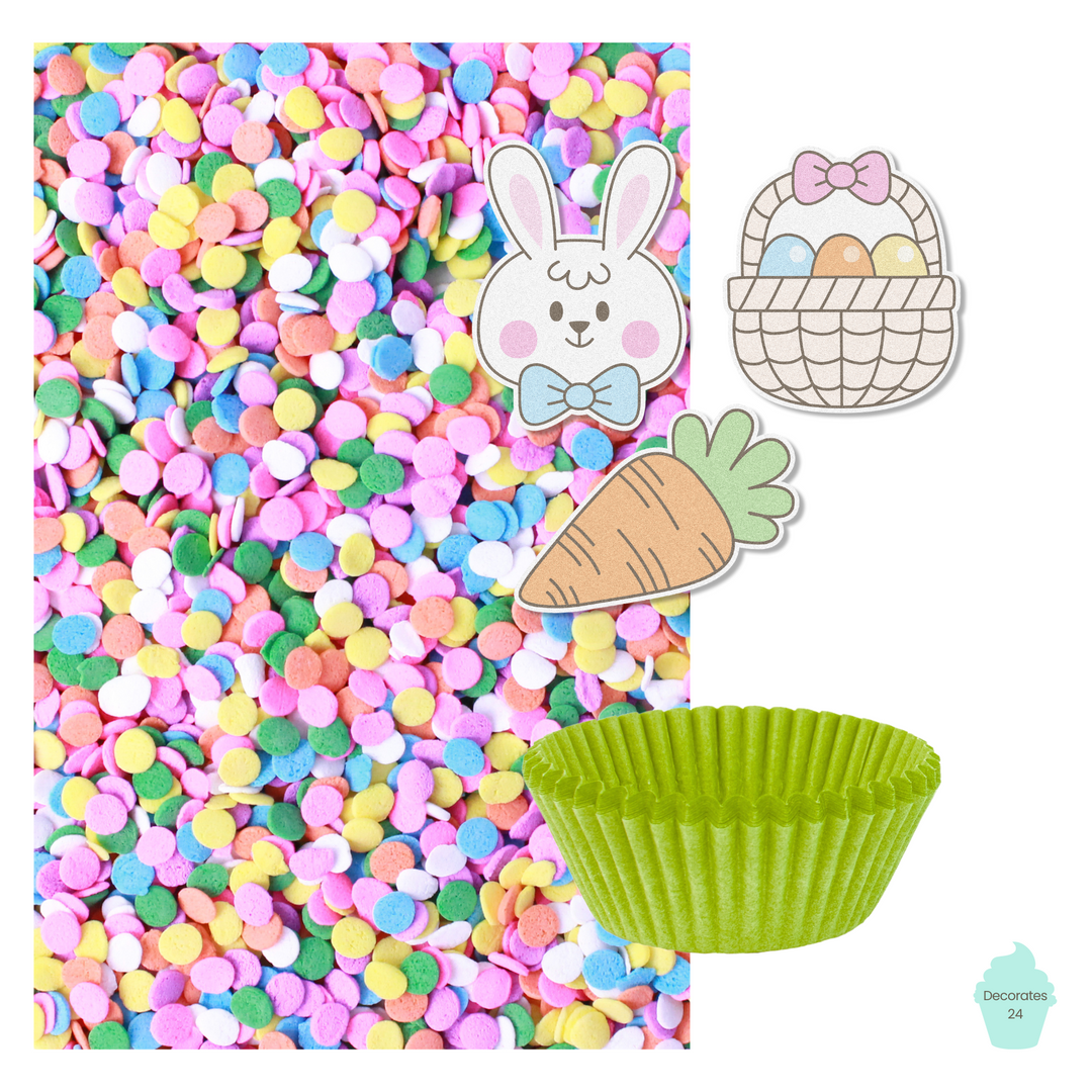 "Pastel Easter Cupcake Kit with lime green cupcake liners, pastel confetti sprinkle mix, and classic Easter edible toppers."