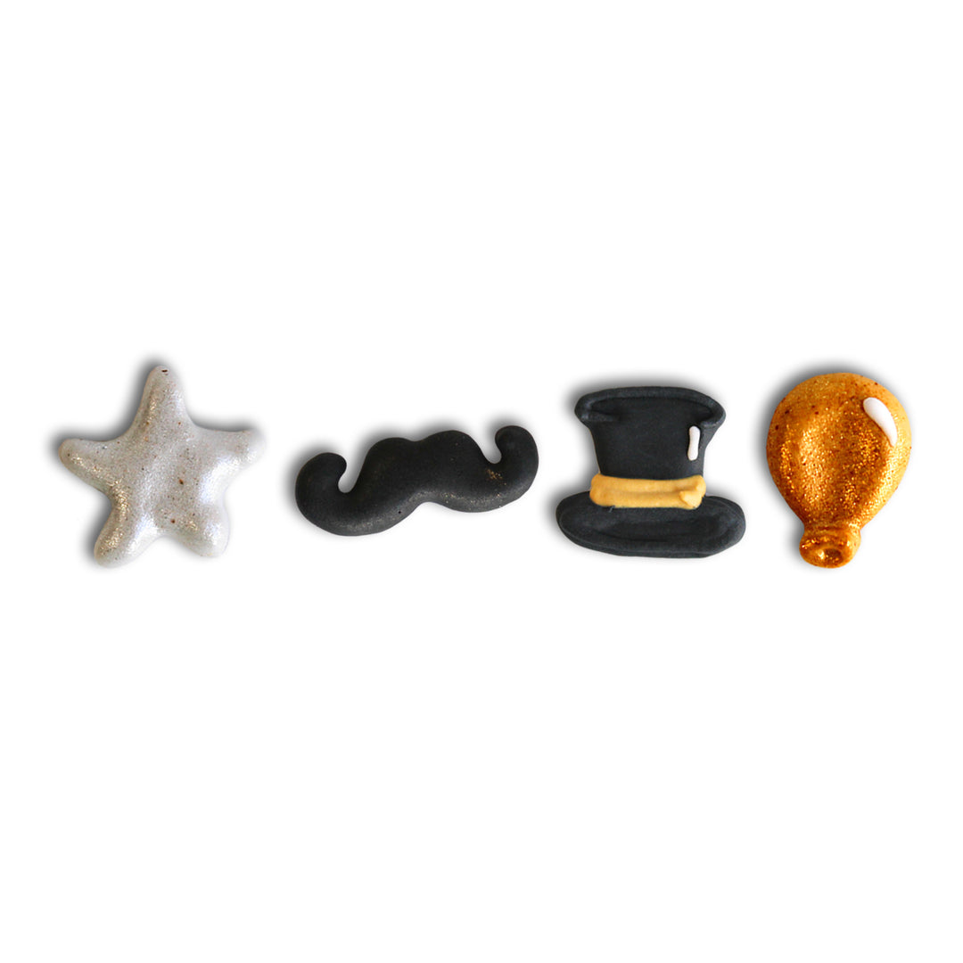 NYE Royal Icing Decorations – 12 elegant hand-piped toppers for New Year's Eve treats. Includes top hats, gold balloons, a mustache, and silver stars.
