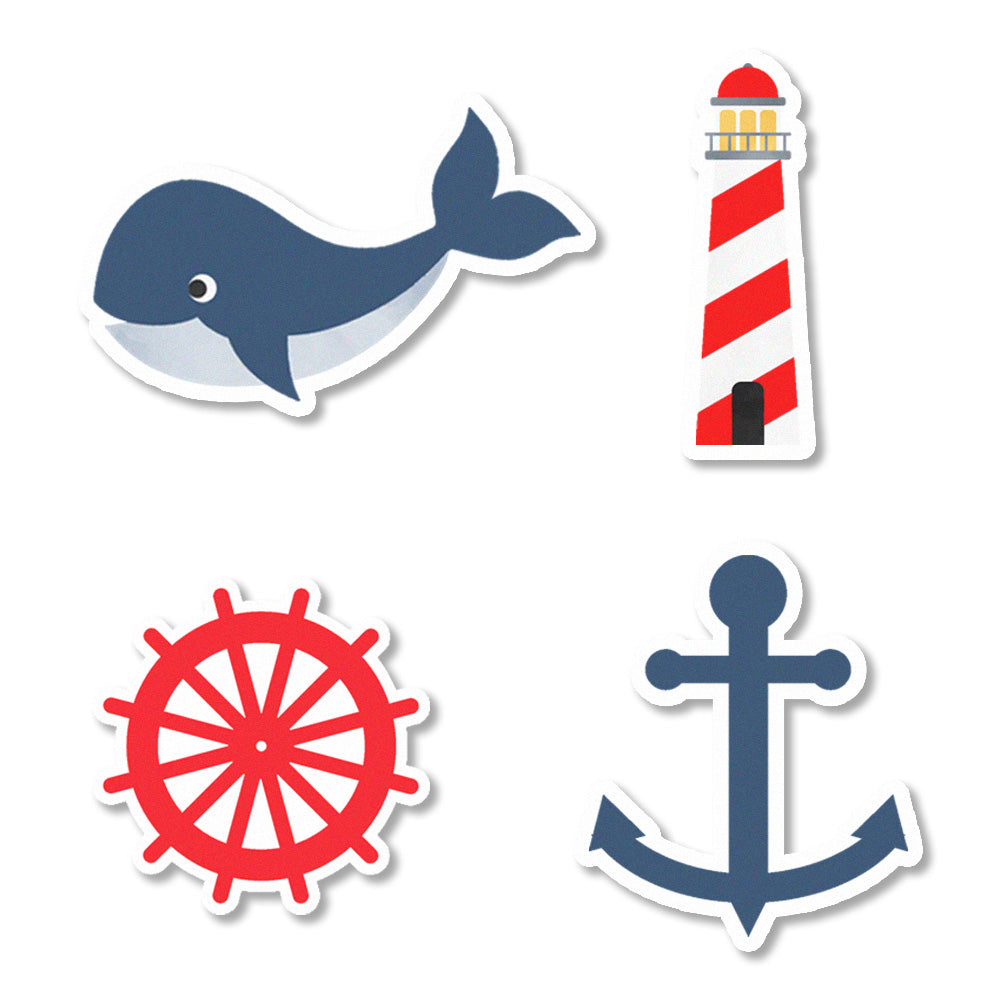 Image of Natufical Edible Cupcake Toppers featuring lighthouses, whales, and anchors, perfect for summer and Fourth of July themed cupcakes.
