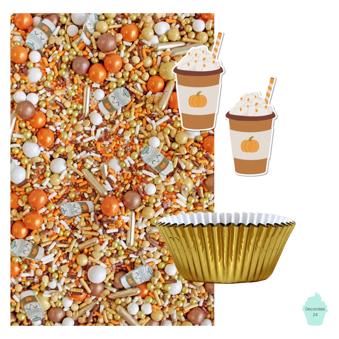 Pumpkin Spice Cupcake Kit - a delightful autumn-themed kit with PSL Season Sprinkle Mix, PSL Cups Edible Cupcake Toppers, and Metallic Gold cupcake liners for 24 scrumptious cupcakes.