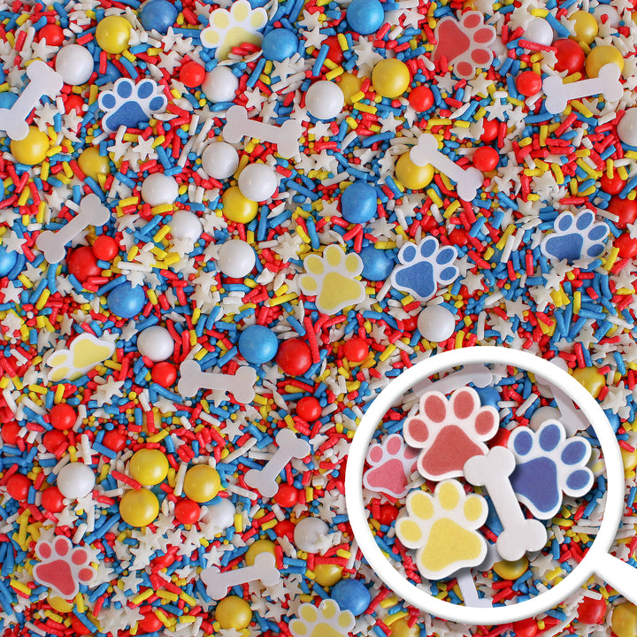 Close-up of Paw Patrol Sprinkle Mix with wafer paw prints and dog bones.