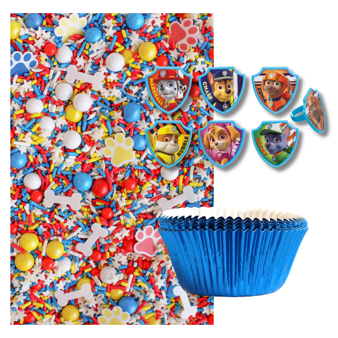 Paw Patrol Cupcake Kit - Includes Hero Dogs Sprinkle Mix, Cupcake Rings, and Blue Cupcake Liners for a fun and vibrant baking experience.