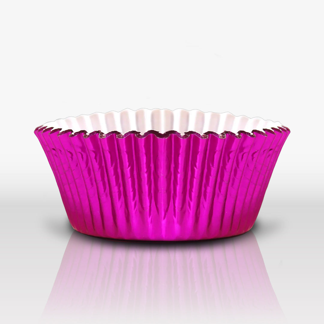 Set of pink metallic cupcake liners showcasing their shiny finish and versatility for any baking occasion.