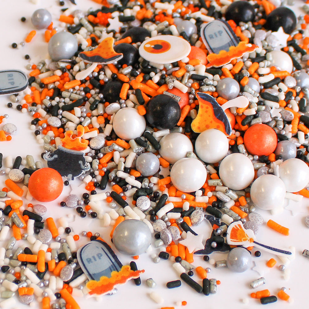 Poison Mushroom Sprinkle Mix - Halloween-themed sprinkle mix with orange, silver, black, and white colors.