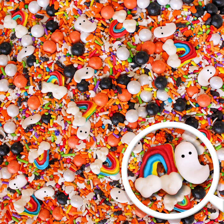 Rainboos Sprinkle Mix - a bewitching blend of black, orange, and pops of rainbow, with hand-piped royal icing rainbows and ghosts, perfect for adding a spooky touch to your Halloween treats.