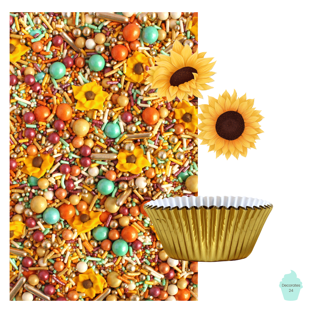 Autumn Sunflower Cupcake Kit - a delightful autumn-themed kit with Sunflower Sprinkle Mix, Yellow Sunflower Edible Cupcake Toppers, and Metallic Gold cupcake liners for 24 charming cupcakes.