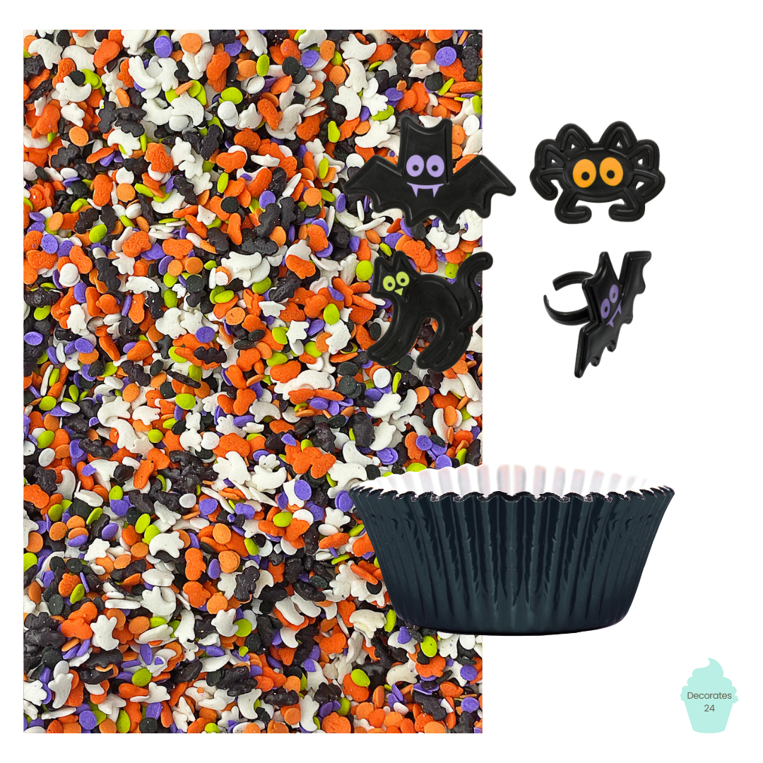  Halloween Characters Cupcake Kit - a spooky kit featuring Trick or Treat Confetti Sprinkle Mix, Classic Halloween Cupcake Rings, and Metallic Black cupcake liners for 24 fun and colorful Halloween treats.