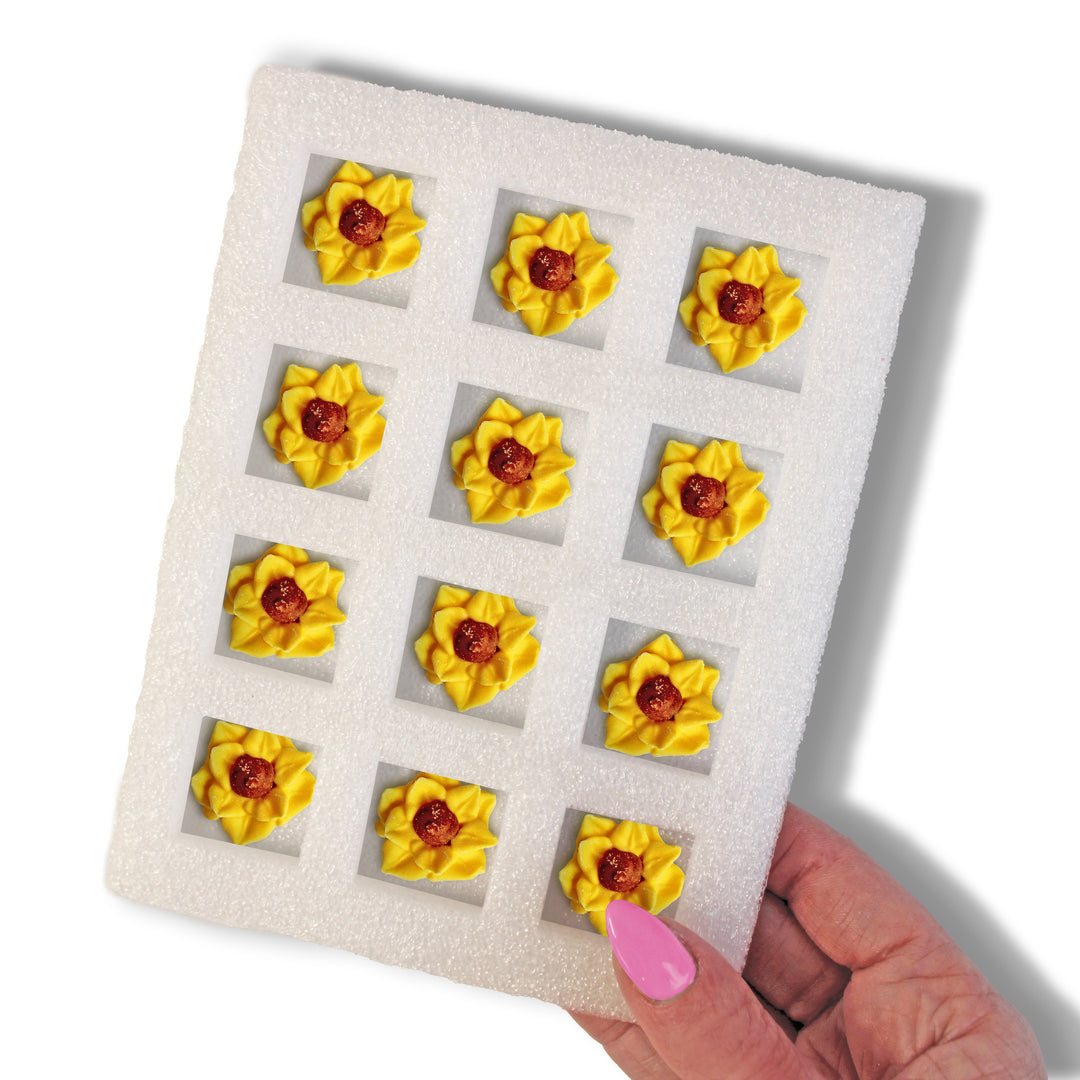  Sunflower Royal Icing Decorations - a set of 12 hand-piped mini yellow sunflowers to brighten up your desserts with sunny charm.