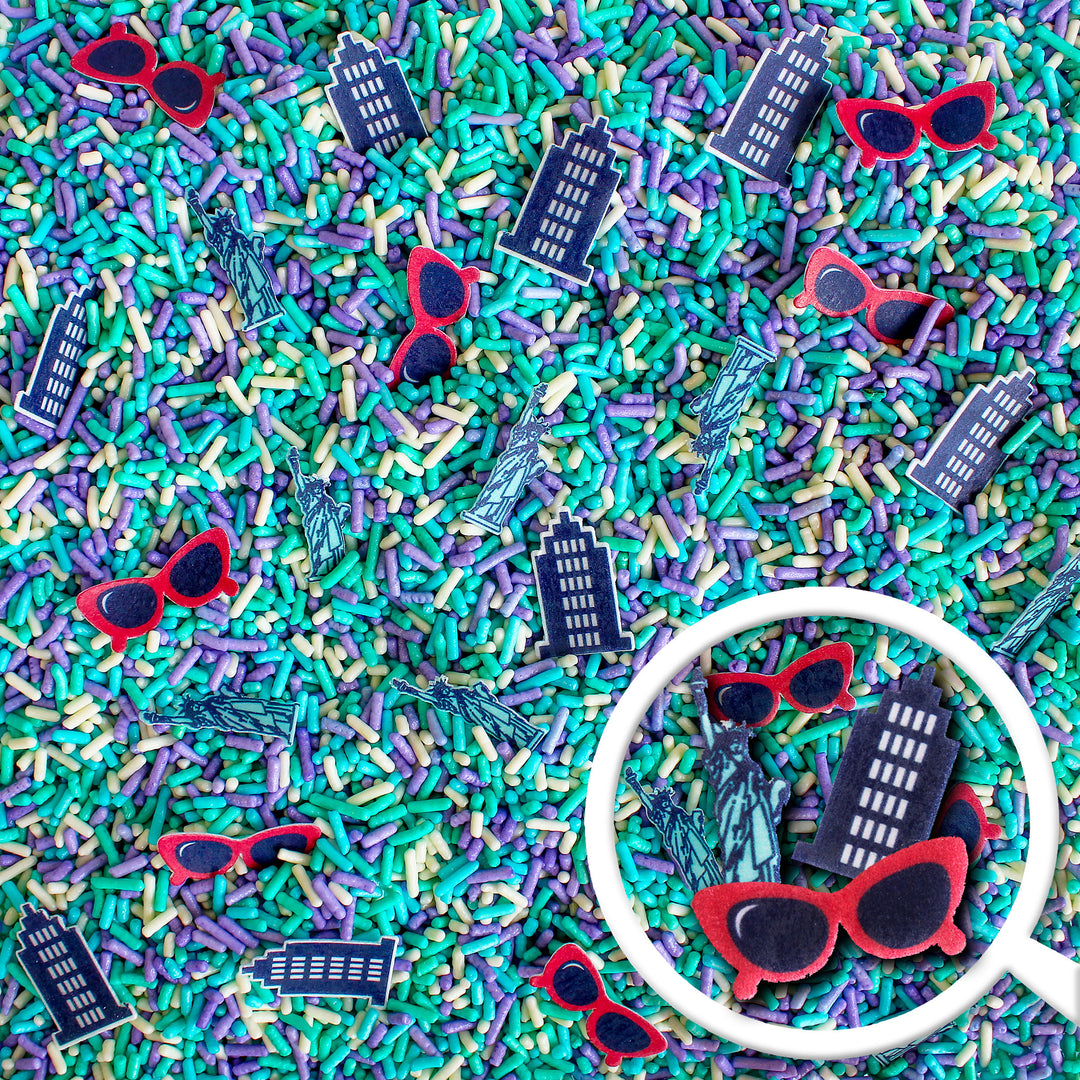 1989 Sprinkle Mix - Sprinkle mix with wafer paper sunglasses, Empire State Building, and Statue of Liberty decorations.