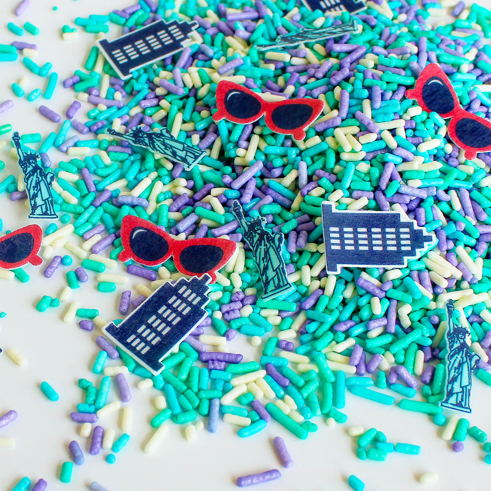 1989 Sprinkle Mix - Sprinkle mix with wafer paper sunglasses, Empire State Building, and Statue of Liberty decorations.