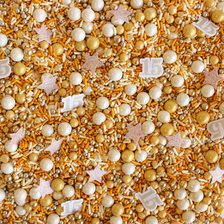 Fearless Sprinkle Mix - Gold and white sprinkle mix with wafer stars and number 15 decorations.