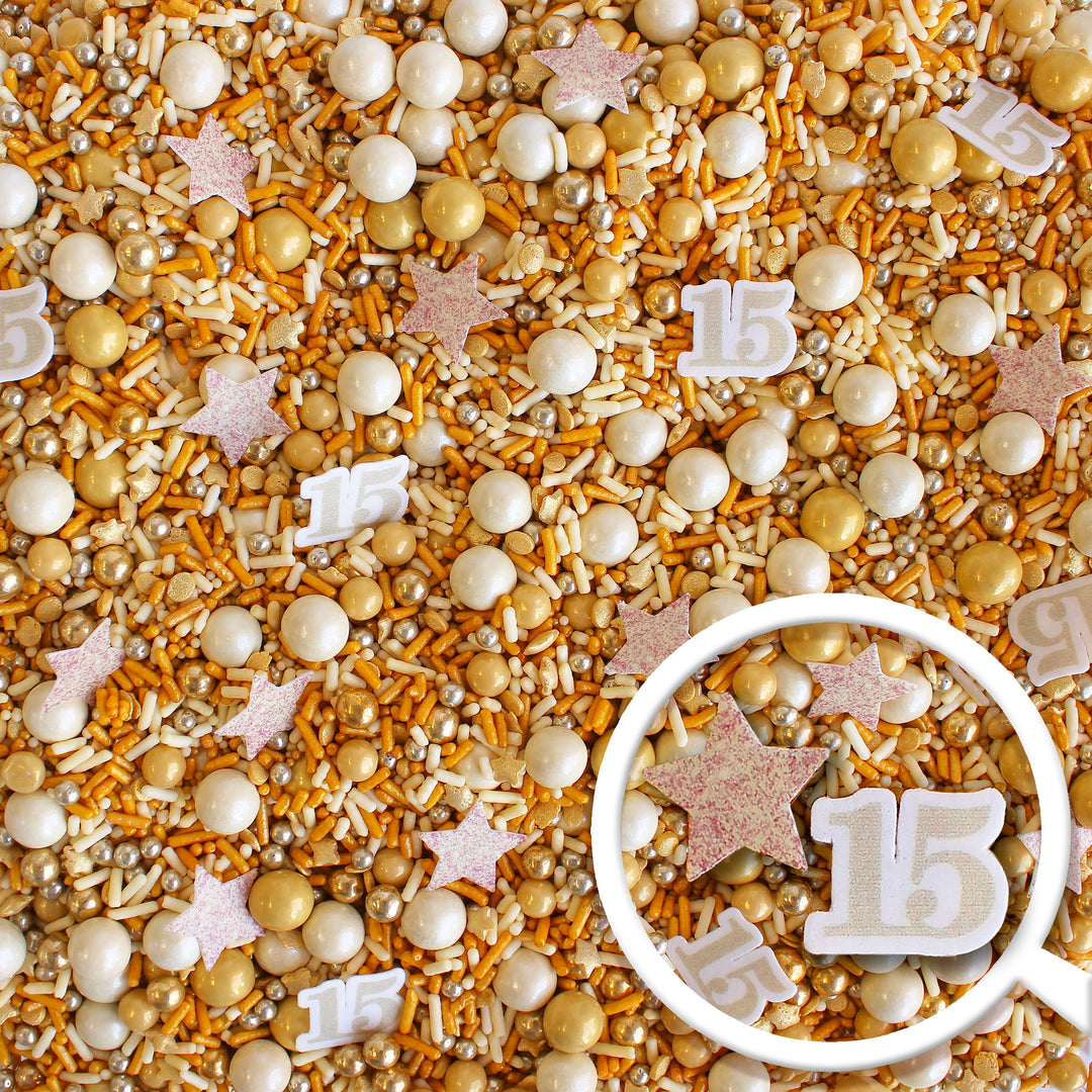 Fearless Sprinkle Mix - Gold and white sprinkle mix with wafer stars and number 15 decorations.