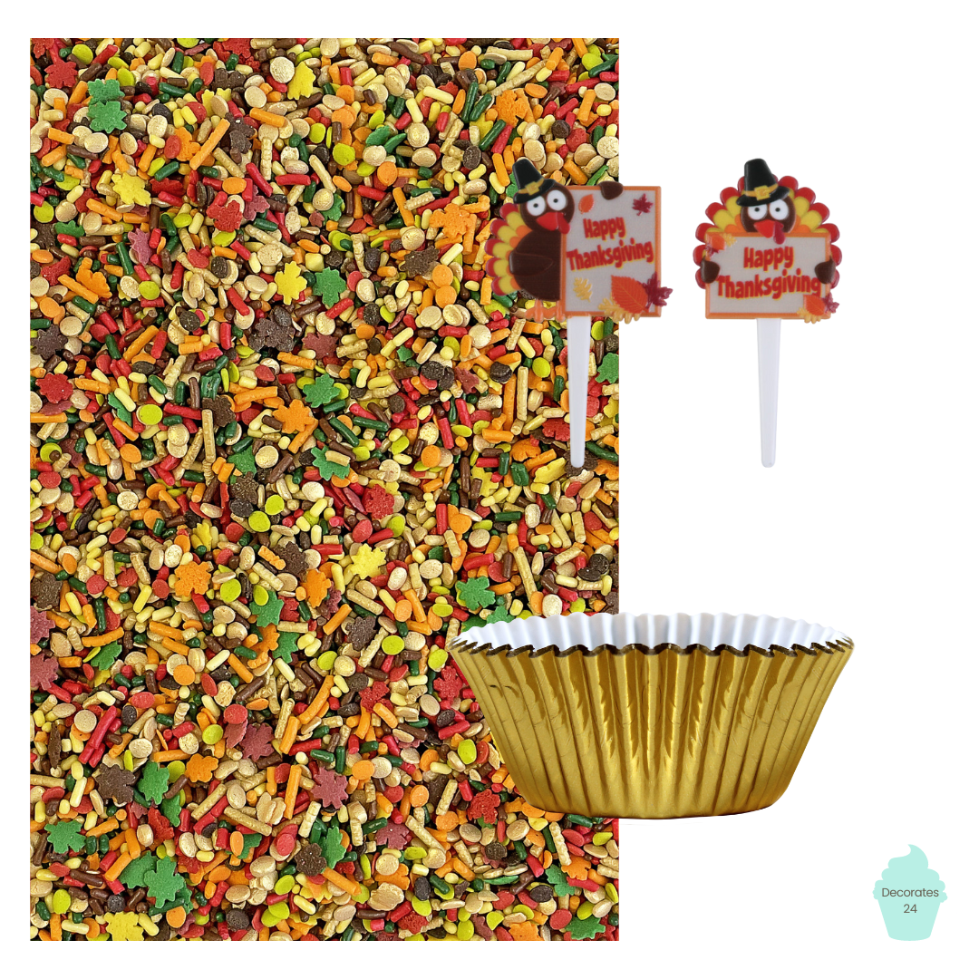 Thanksgiving Cupcake Kit - a delightful autumn-themed kit with Talk Turkey To Me Sprinkle Mix, Happy Thanksgiving Turkey Decopics, and Metallic Gold cupcake liners for 24 festive cupcakes.