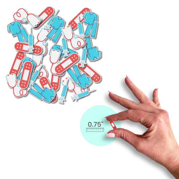 Assorted medical-themed edible wafer sprinkles in white, red, and blue, perfect for decorating desserts.