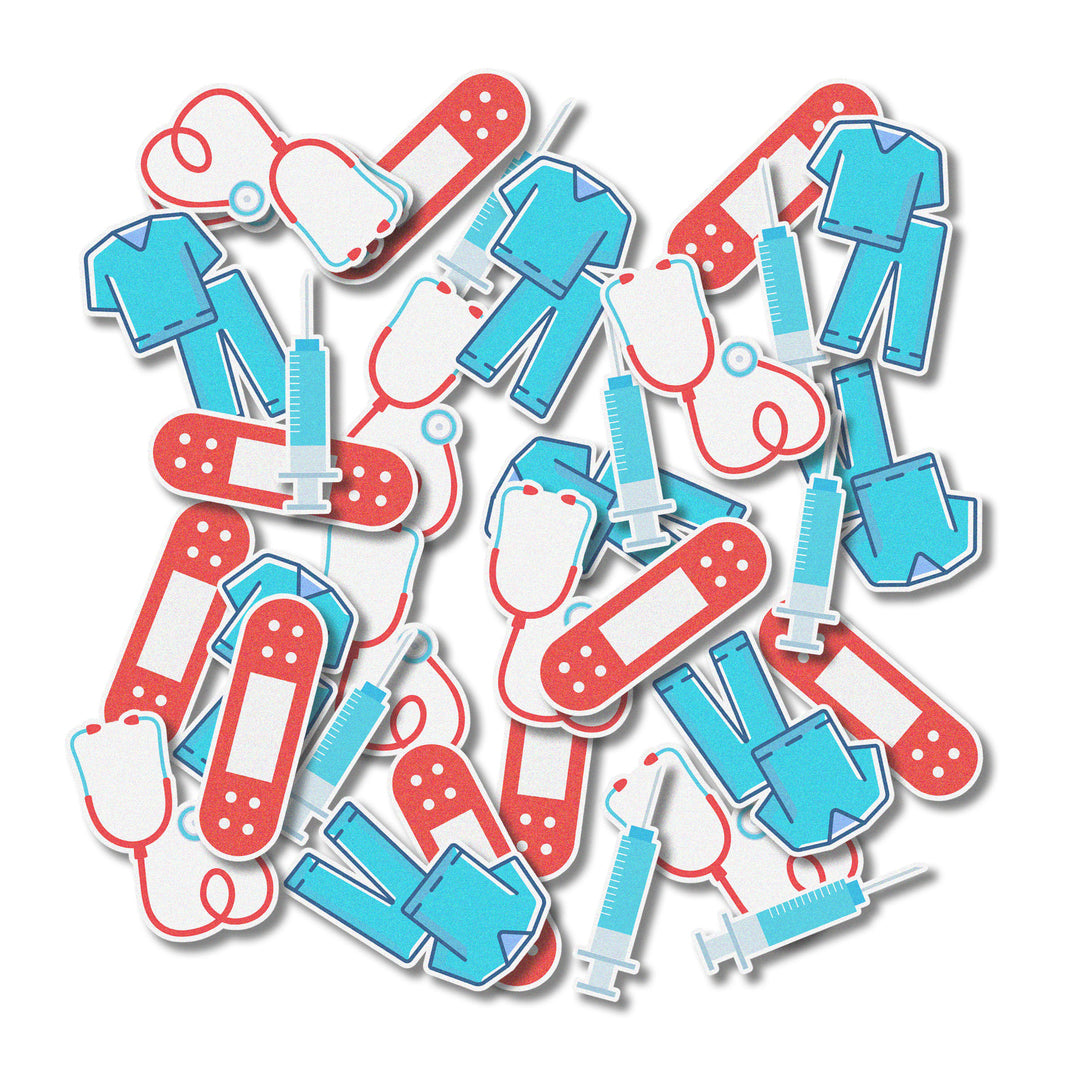 Assorted medical-themed edible wafer sprinkles in white, red, and blue, perfect for decorating desserts.