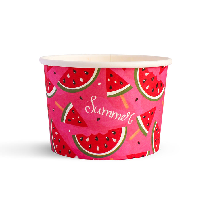 Tropical Ice Cream Cups - A collection of vibrant cups with beach, watermelon, pool float, flamingo, flower, and pineapple designs. Perfect for enjoying refreshing summer ice cream treats.
