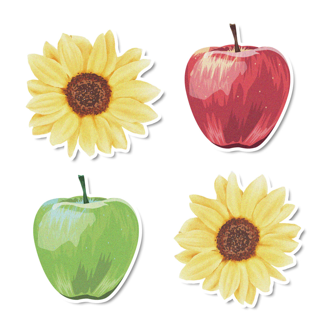 Apples and Sunflowers Edible Cupcake Toppers - Set of 12 toppers featuring green and red apples and vibrant sunflowers. Made from high-quality cardstock wafer paper and edible inks.