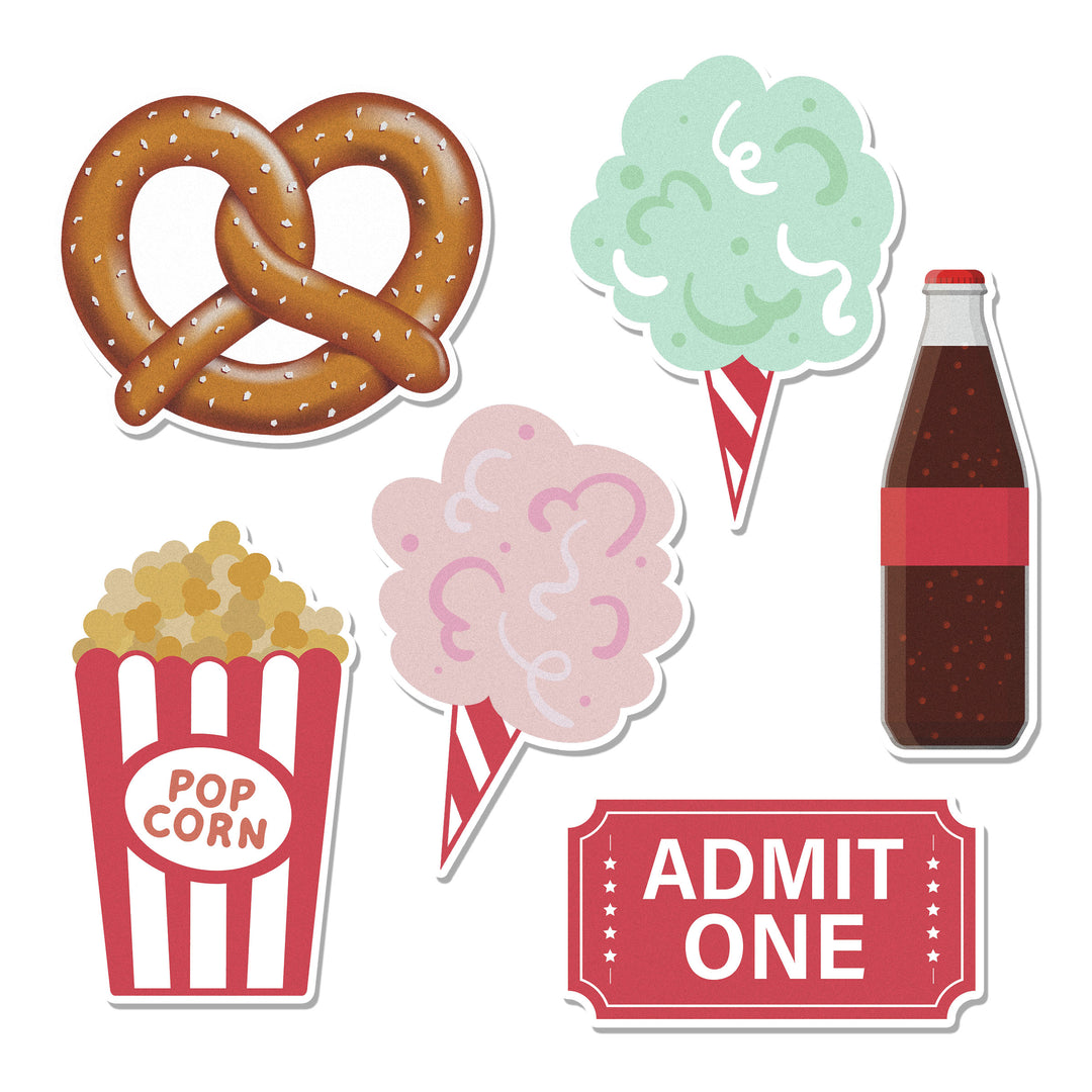 Boardwalk Treats Edible Cupcake Toppers - A pack of 12 whimsical and delicious carnival-themed edible cupcake toppers featuring popcorn, pretzels, cotton candy, soda bottles, and ride admission tickets, made of high-quality cardstock wafer paper and edible inks.