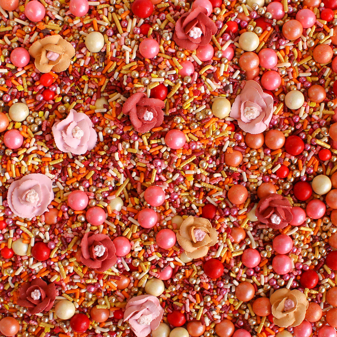 Boho Fall Floral Sprinkle Mix - A blend of paprika, gold, blush, and orange sprinkles with hand-piped royal icing Boho flowers.