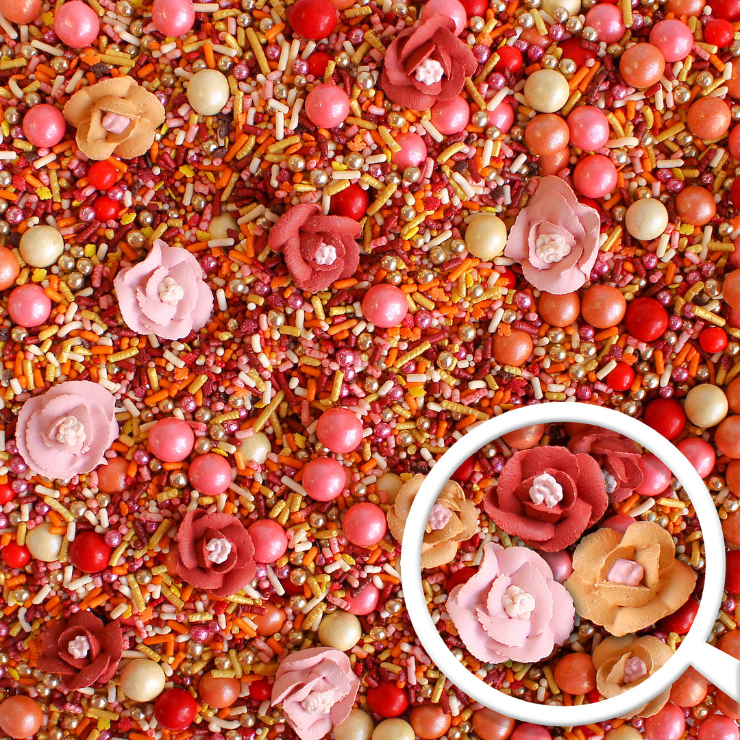 Boho Fall Floral Sprinkle Mix - A blend of paprika, gold, blush, and orange sprinkles with hand-piped royal icing Boho flowers.