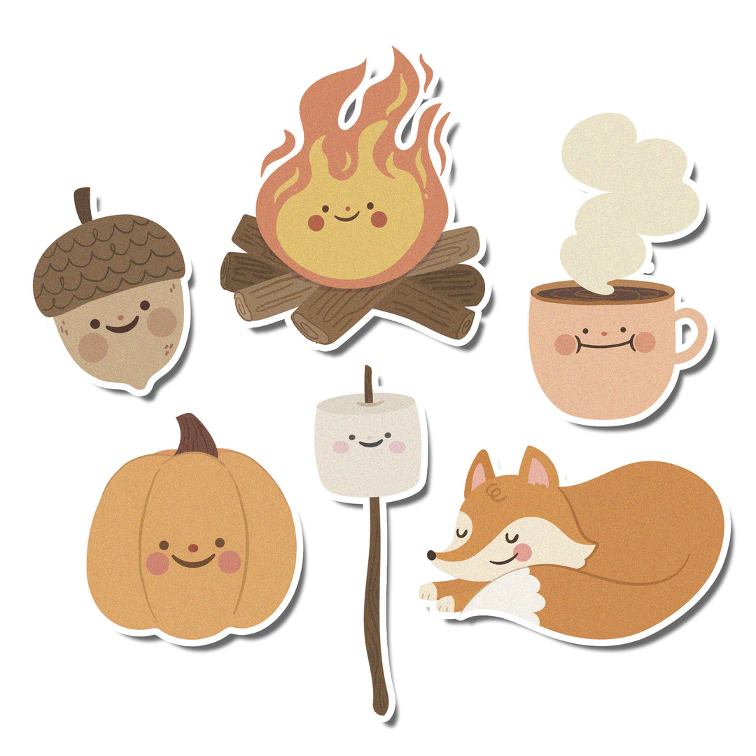 Camping Theme Edible Cupcake Toppers featuring cute fox, campfire, coffee, and marshmallow designs.