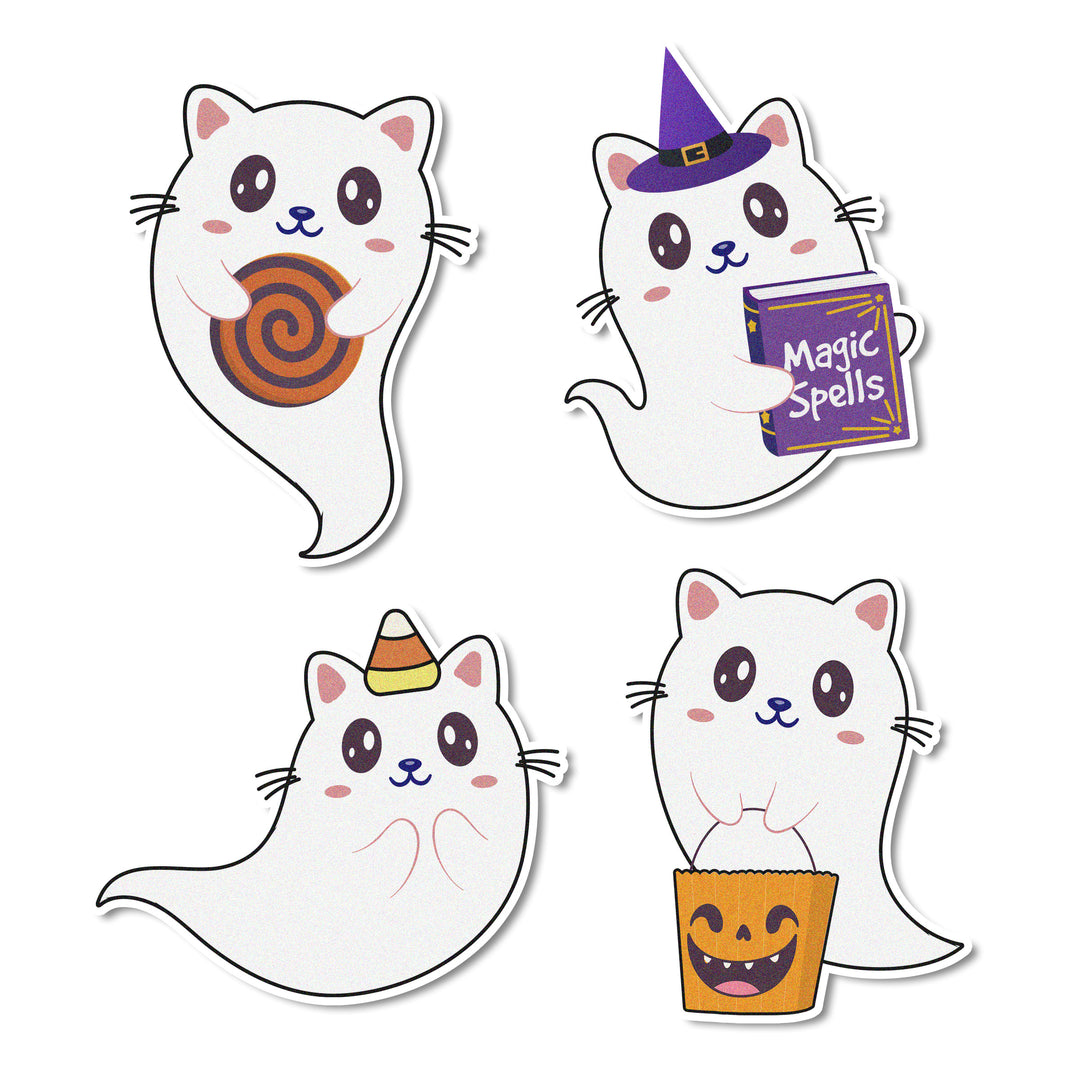 Cat Ghosts Edible Cupcake Toppers - A set of 12 adorable edible toppers featuring playful cat ghosts, perfect for Halloween treats.
