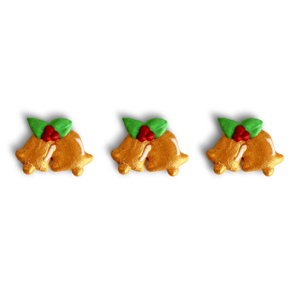 Christmas Bells Royal Icing Decorations - Set of 12 hand-piped gold bells with holly details for festive cake and cupcake toppings