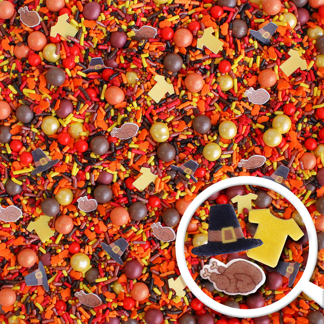 Chuck's Thanksgiving Sprinkle Mix - A blend of warm fall colors with wafer turkeys, pilgrim hats, and yellow t-shirts.