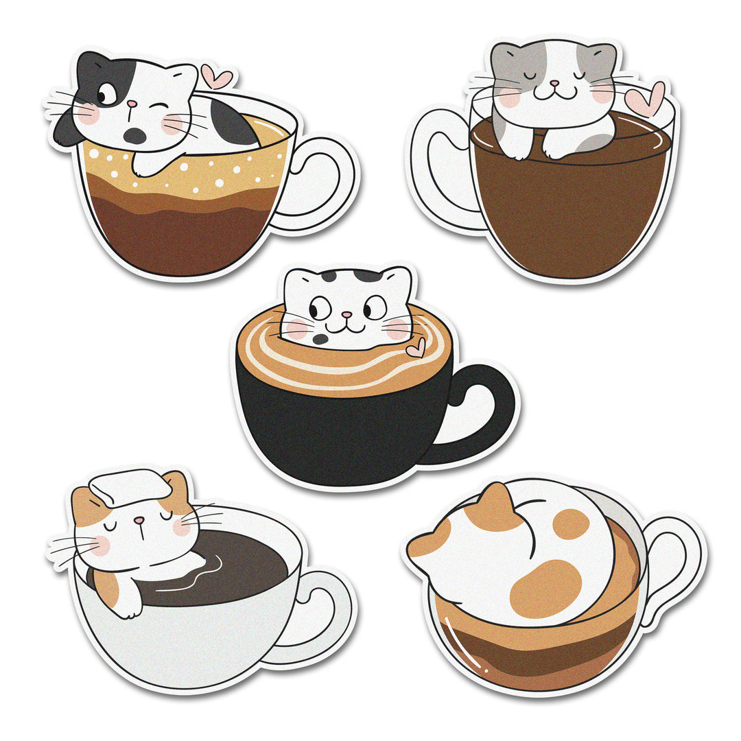  Image of Cat-ppuccinoEdible Cupcake Toppers placed on a cupcake with colorful frosting, featuring adorable cats sitting in coffee cups.