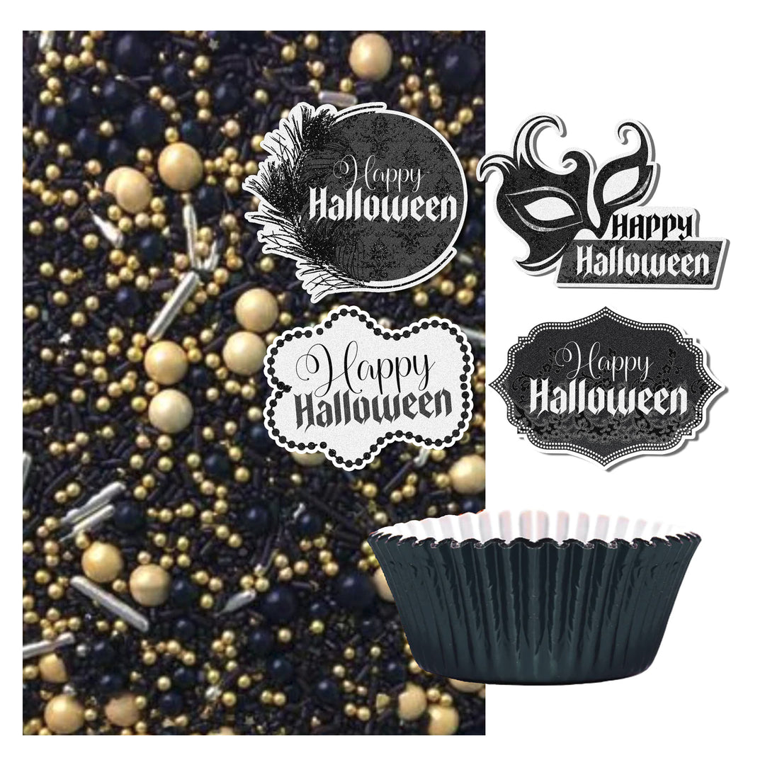Masquerade Cupcake Kit featuring sprinkle mix, cupcake toppers, and metallic black cupcake liners.