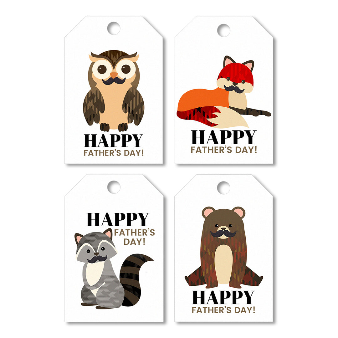 Image of free mustache animal tags for Father's Day treats. Designs include a fox, bear, raccoon, and owl.