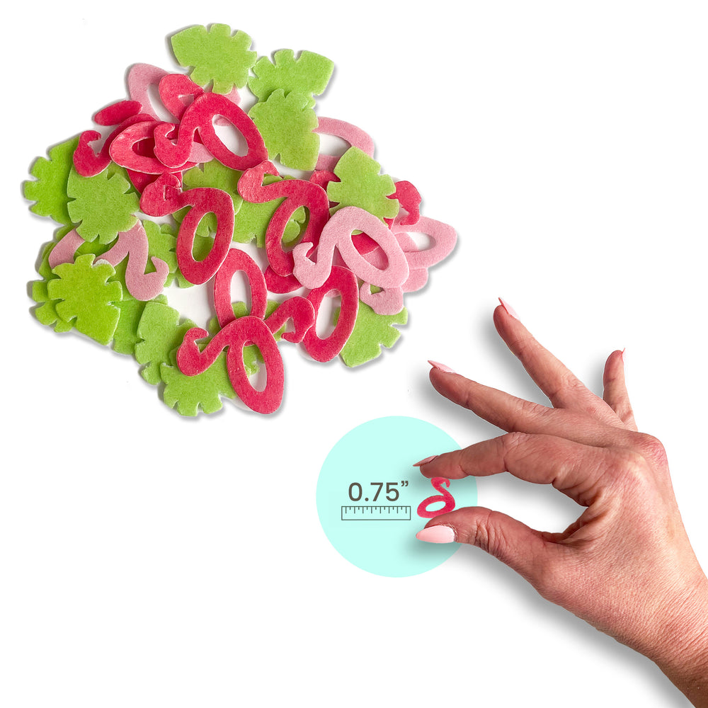 Pink and green flamingo-shaped wafer sprinkles, perfect for adding a fun summer touch to cakes, cupcakes, and other desserts.