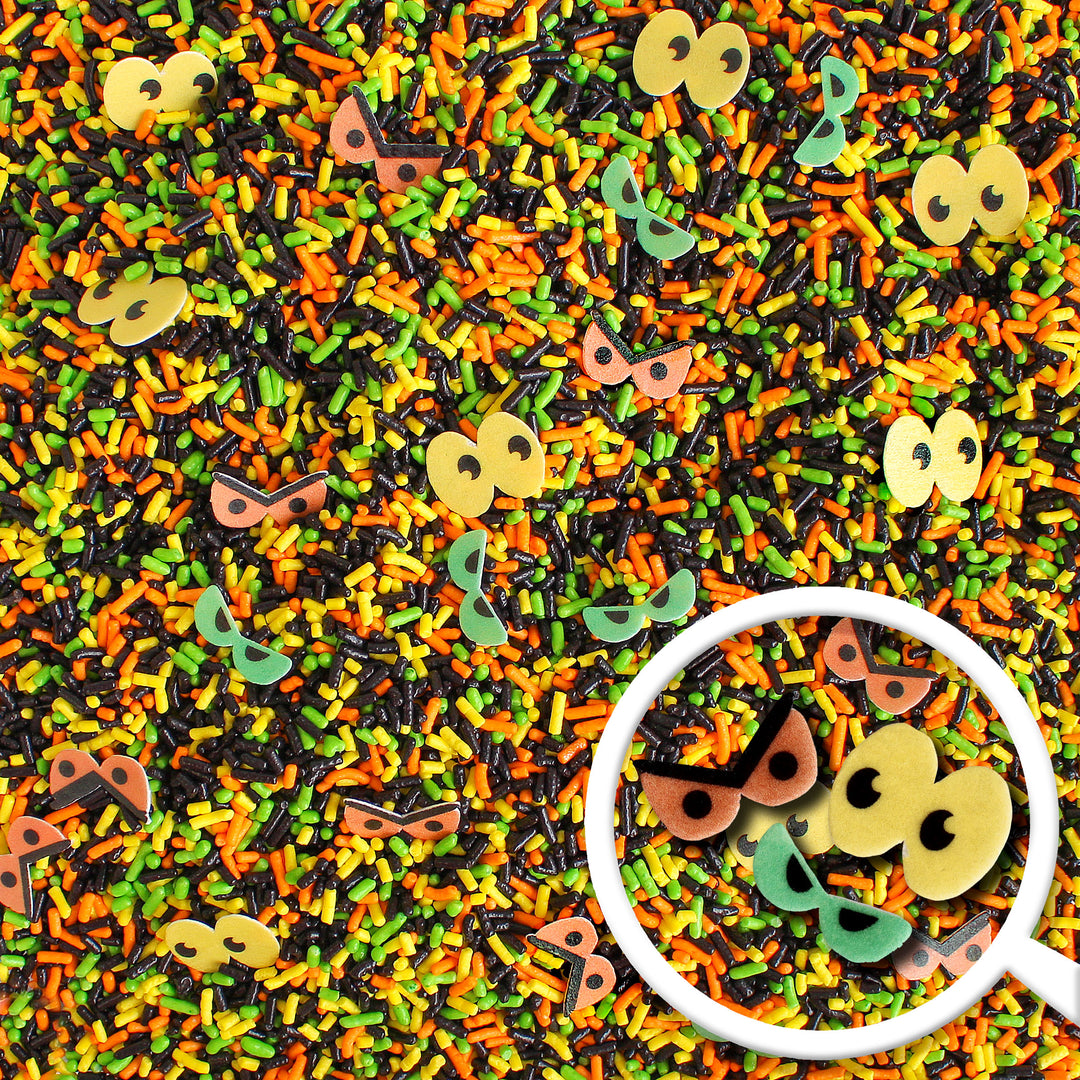 Ghouls Eye Sprinkle Mix - Green, orange, black, and yellow sprinkles with wafer ghouls eyes.