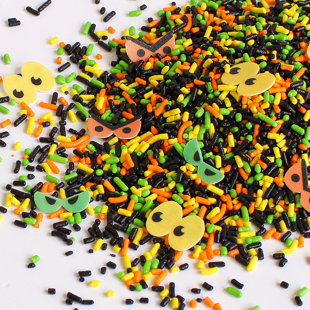 Ghouls Eye Sprinkle Mix - Green, orange, black, and yellow sprinkles with wafer ghouls eyes.