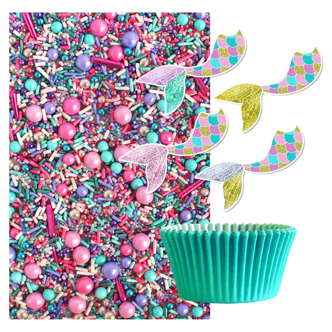 Mermaid Glam Cupcake Kit with sprinkle mix, wafer toppers, and teal cupcake liners