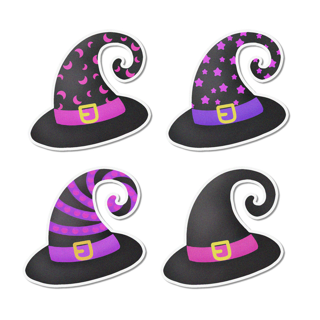 Halloween Hats Edible Cupcake Toppers - Set of 12 toppers featuring witches' hats with stars, moons, and stripes. Made from high-quality cardstock wafer paper and edible inks.