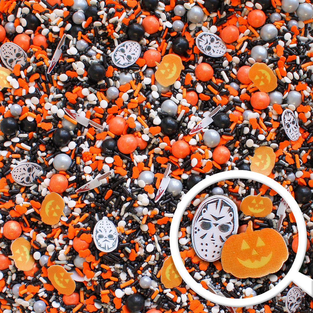 Spooky wafer pumpkins and masks in Halloween Horror Sprinkle Mix.