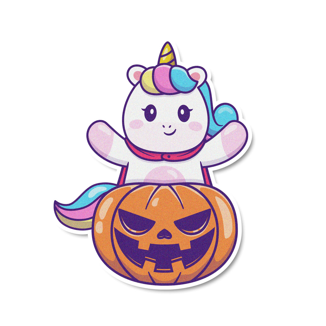 Halloween Unicorn Edible Cupcake Toppers - Set of 12 toppers featuring cute unicorns with jack-o'-lanterns. Made from high-quality cardstock wafer paper and edible inks.