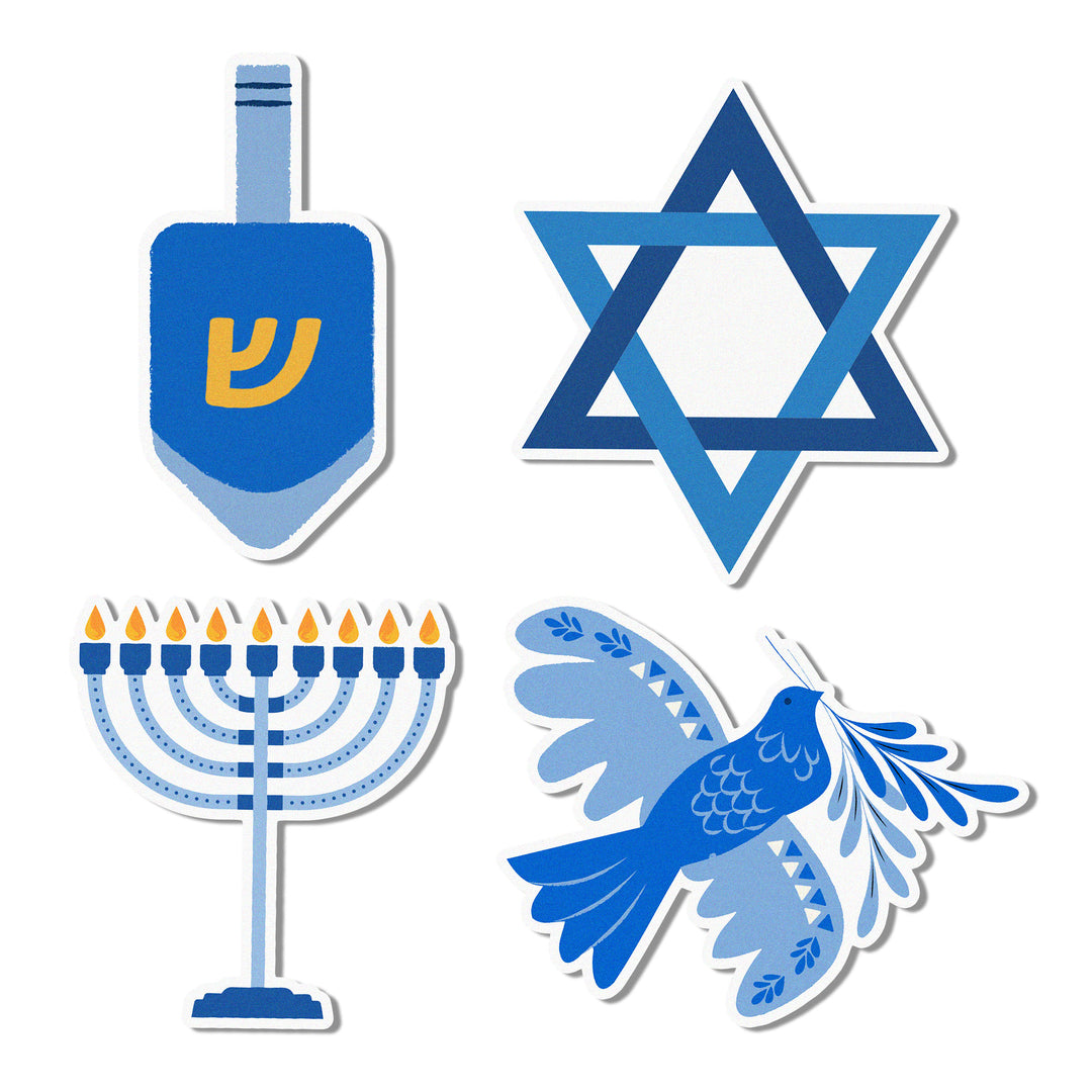 Set of 12 edible cupcake toppers featuring Hanukkah-themed designs including a dreidel, Star of David, menorah, and dove, all in varying shades of blue.