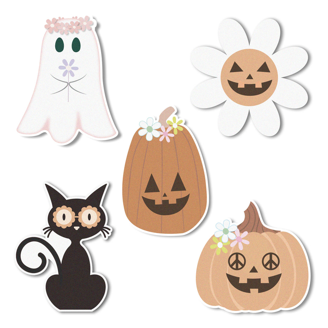 Hippie Halloween edible cupcake toppers featuring pumpkins, ghosts, flowers, and black cats.