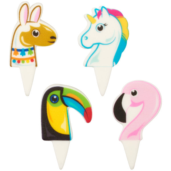 Set of 12 fondant cake decorations perfect for topping cupcakes and donuts. Featuring 4 adorable designs including a llama, unicorn, toucan, and flamingo