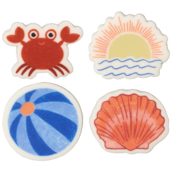 Set of 12 fondant cake decorations featuring a crab, sunshine, beachball and seashell. 