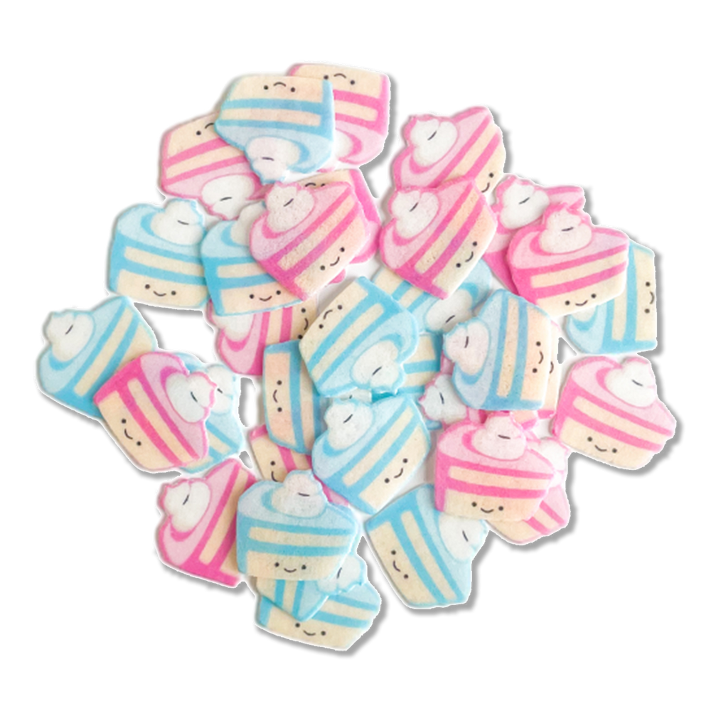 A close-up of Kawaii Cake Wafer Sprinkles, featuring adorable pink and blue designs, perfect for birthday cakes and celebrations.