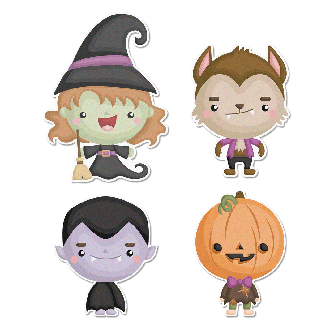 Close-up of Halloween Kids Edible Cupcake Topper - a playful collection featuring a kid witch, werewolf, vampire, and pumpkin, perfect for Halloween treats.