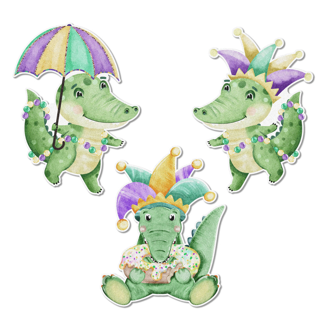 Mardi Gras Gators Edible Cupcake Toppers in Purple, Green, and Gold, perfect for bringing a festive Louisiana bayou vibe to your desserts