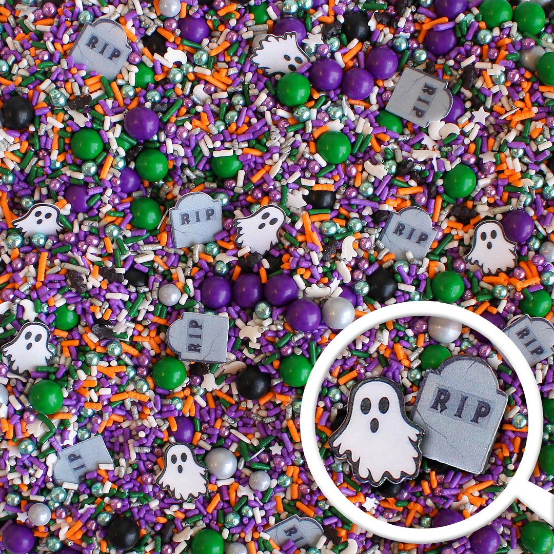 Moonlit Graveyard Sprinkle Mix - Halloween-themed sprinkle mix with orange, purple, green, silver, and black colors, ghost and tombstone shapes
