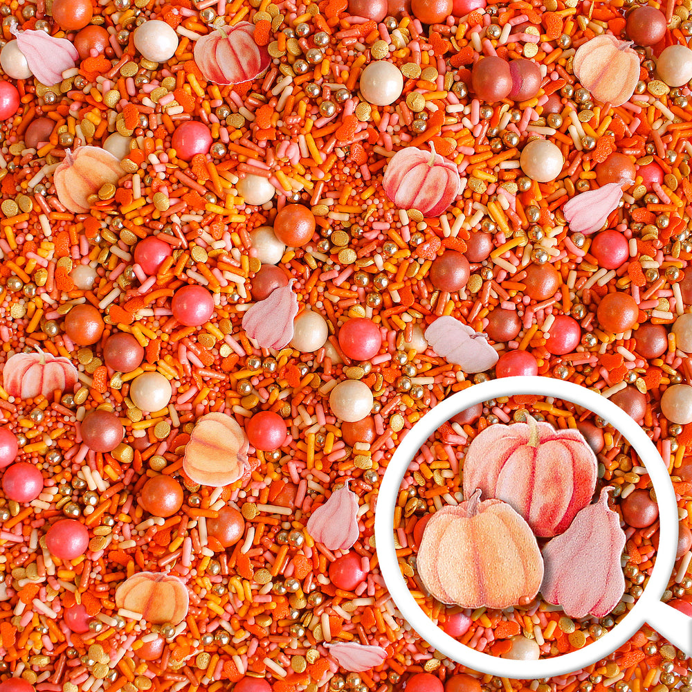 Rose Gold Pumpkin Sprinkle Mix - Rose Gold, Vintage Gold, and Burnt Orange Sprinkles with Wafer Paper Watercolor Pumpkins