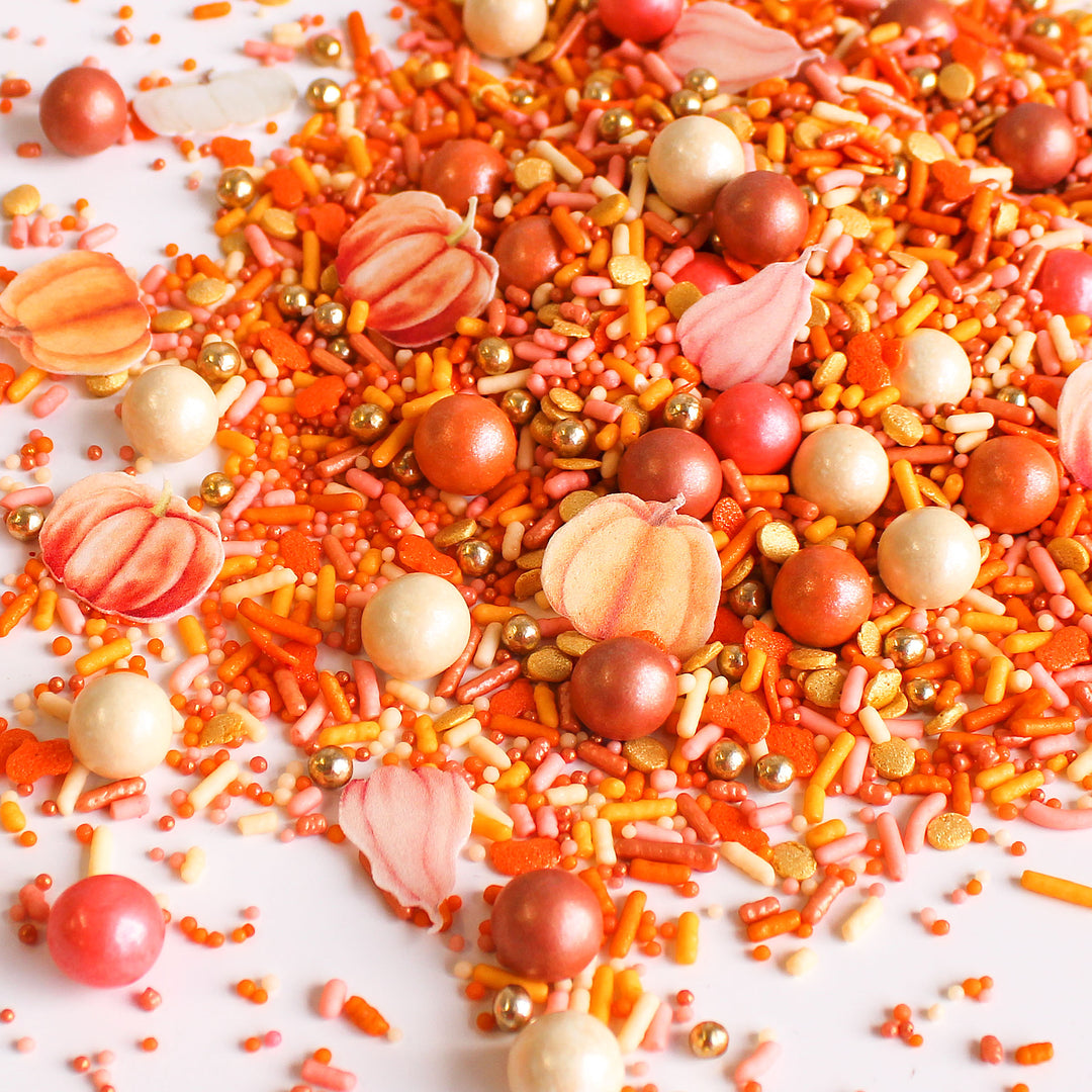 Rose Gold Pumpkin Sprinkle Mix - Rose Gold, Vintage Gold, and Burnt Orange Sprinkles with Wafer Paper Watercolor Pumpkins