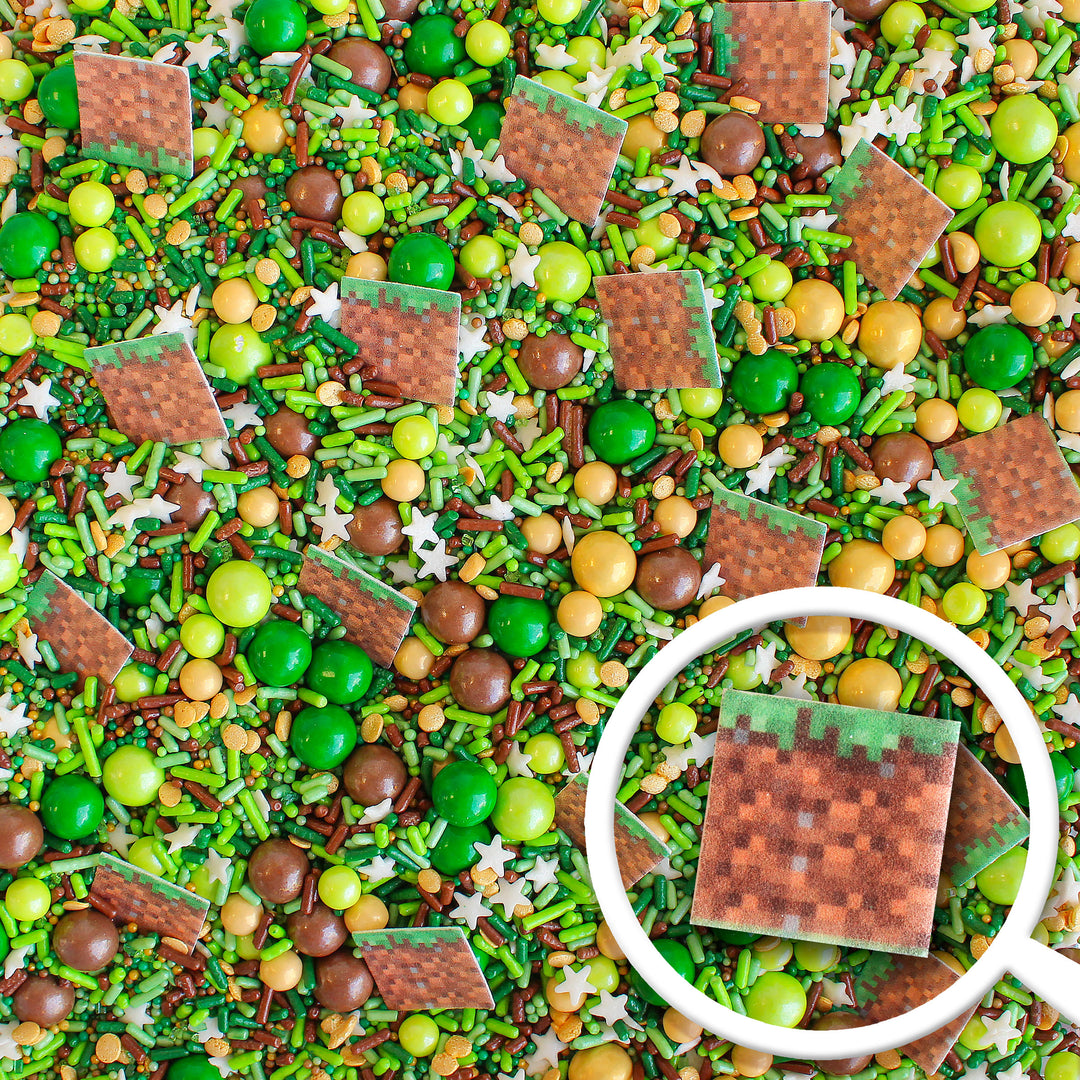 Close-up of Sprinkle Craft Sprinkle Mix with green and brown wafer sprinkle craft squares, ready to be used for decorating cakes, cookies, cupcakes and more.